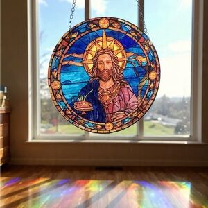 Hanging Sunburst Jesus Suncatcher - Blue and Gold